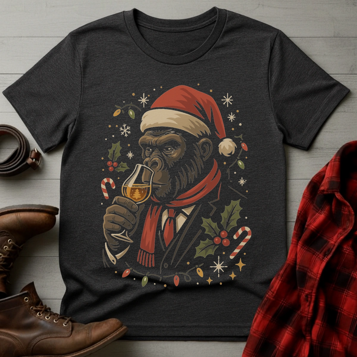 Whiskey Drinking Gorilla Santa T-Shirt