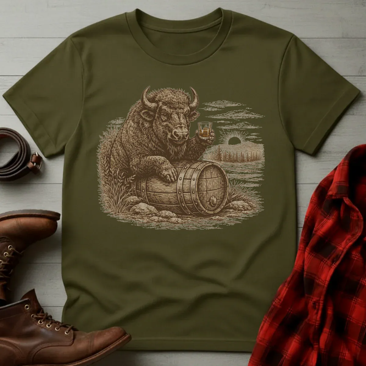 Vintage Engraved Whiskey Buffalo Bison T-Shirt