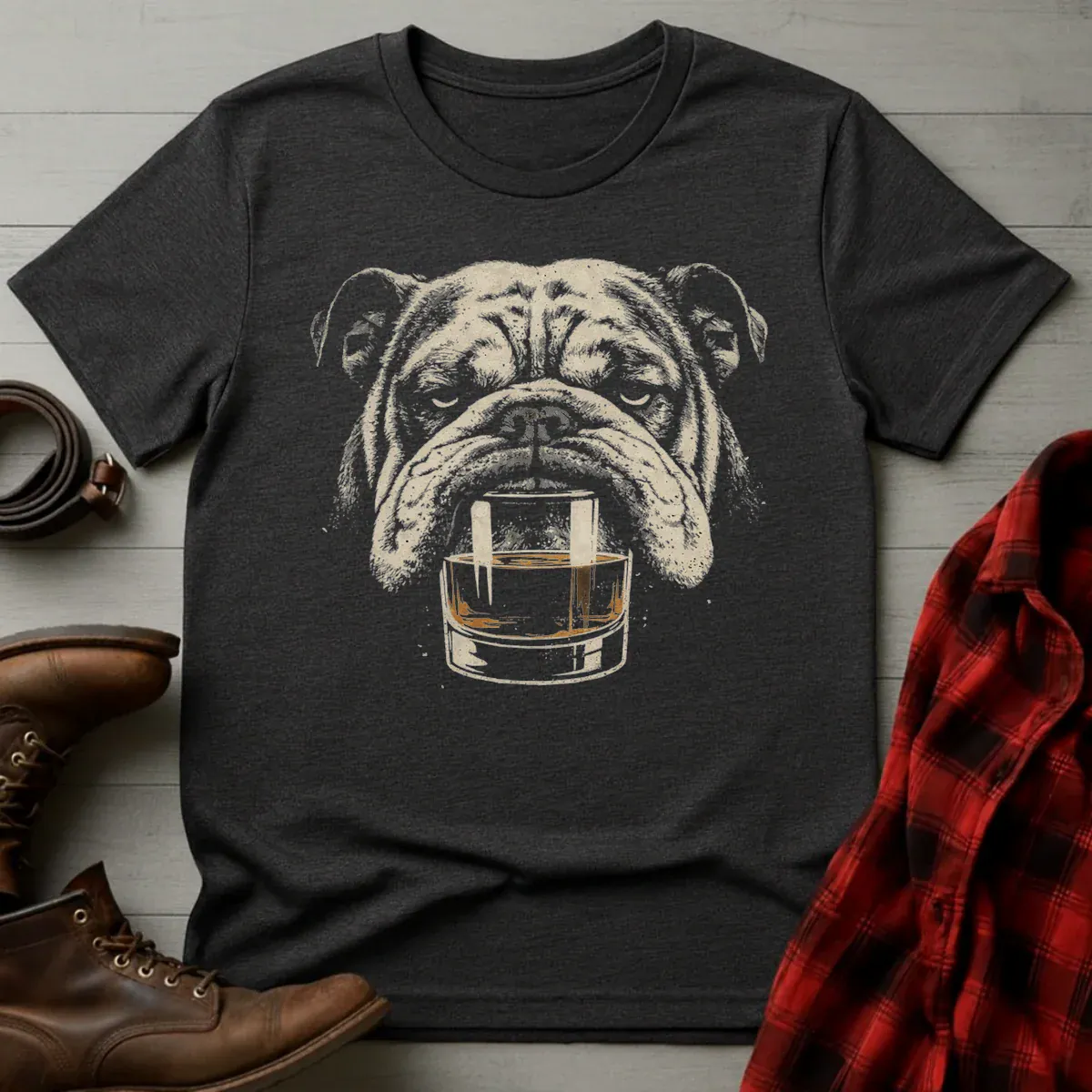 Whiskey English Bulldog on Glass Grunge T-Shirt