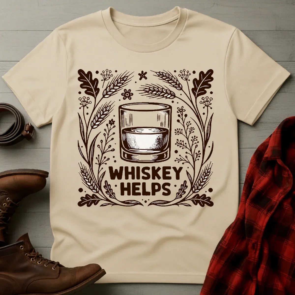 Whiskey Helps Etched Illustration T-Shirt