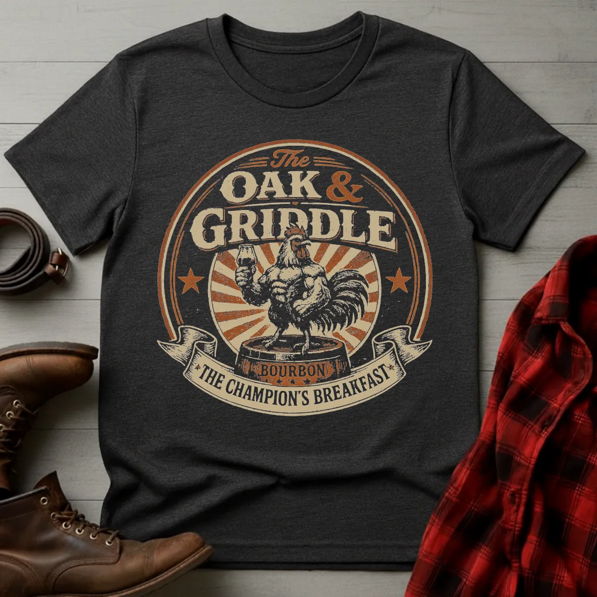 Oak and Griddle Champions Breakfast Rooster T-Shirt