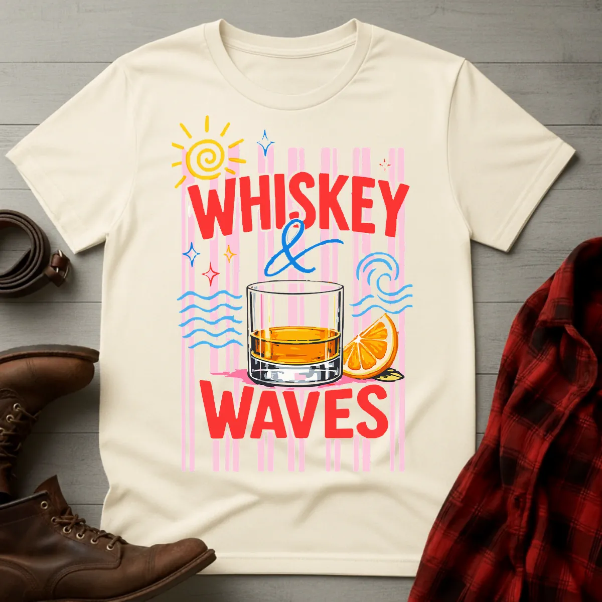 Whiskey and Waves Retro Beach T-Shirt
