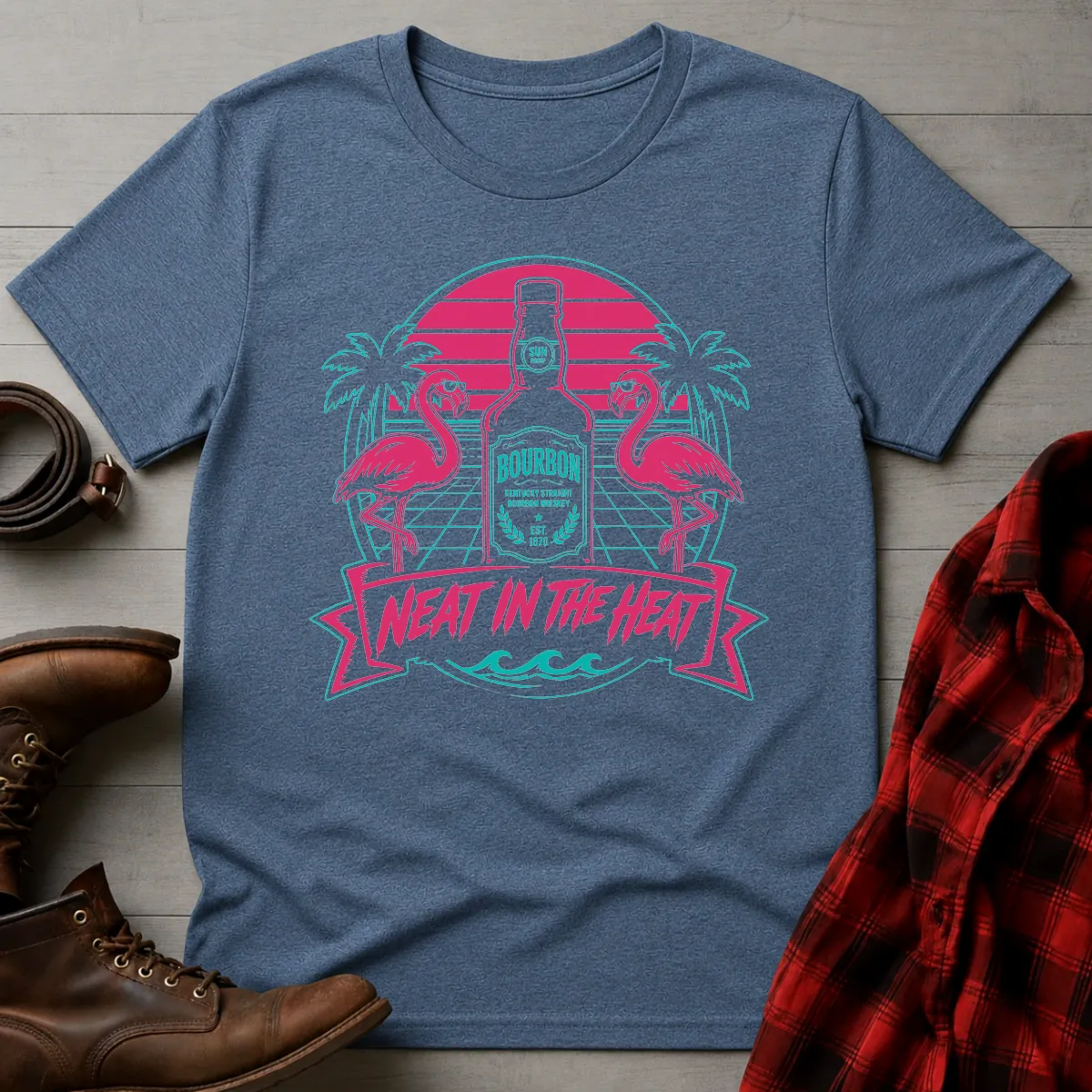 Neat in the Heat Bourbon Flamingos T-Shirt