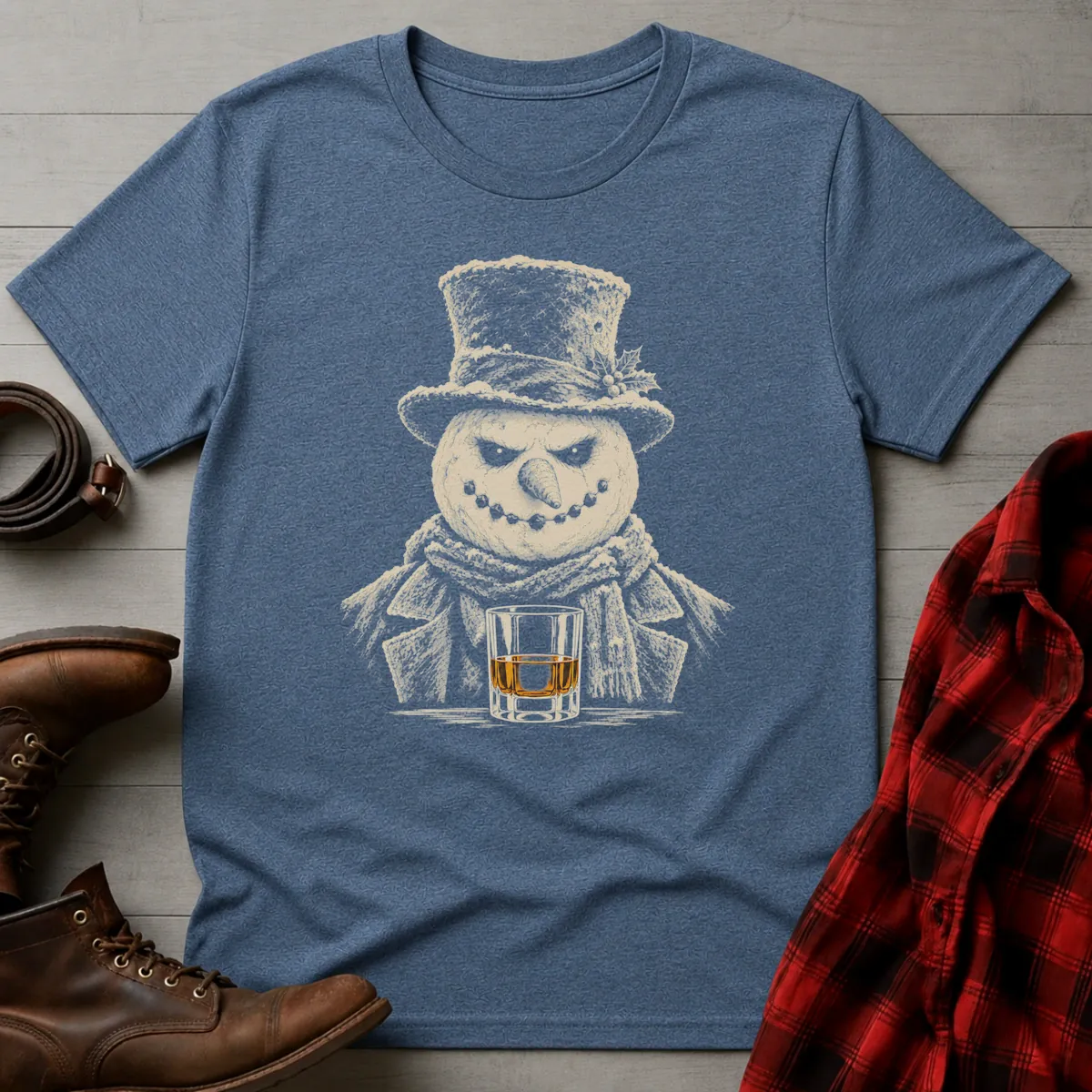 Sinister Snowman Whiskey Portrait T-Shirt