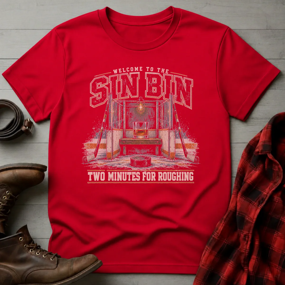 Sin Bin Whiskey Hockey T-Shirt Red / S