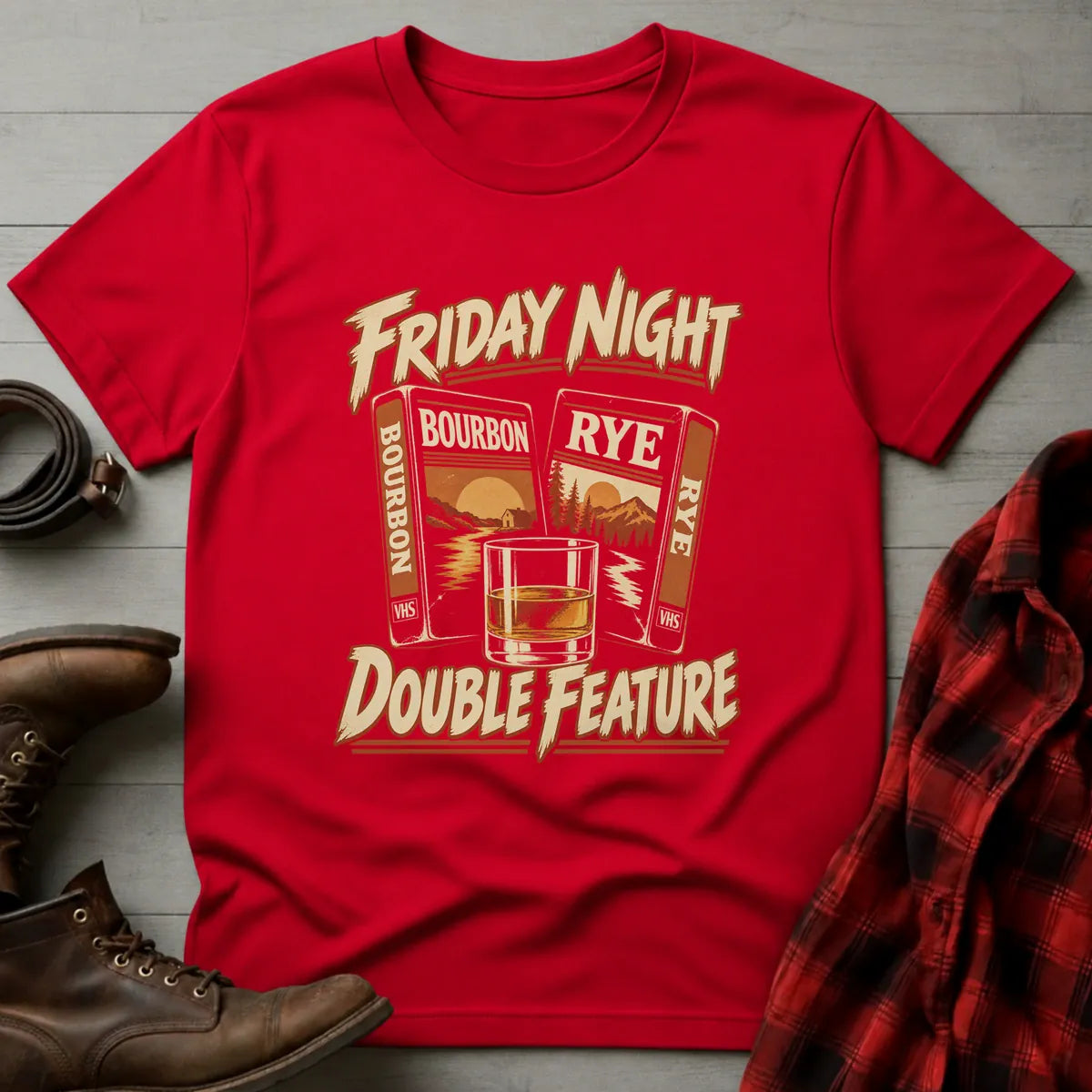 Friday Night Double Feature Whiskey T-Shirt Red / S