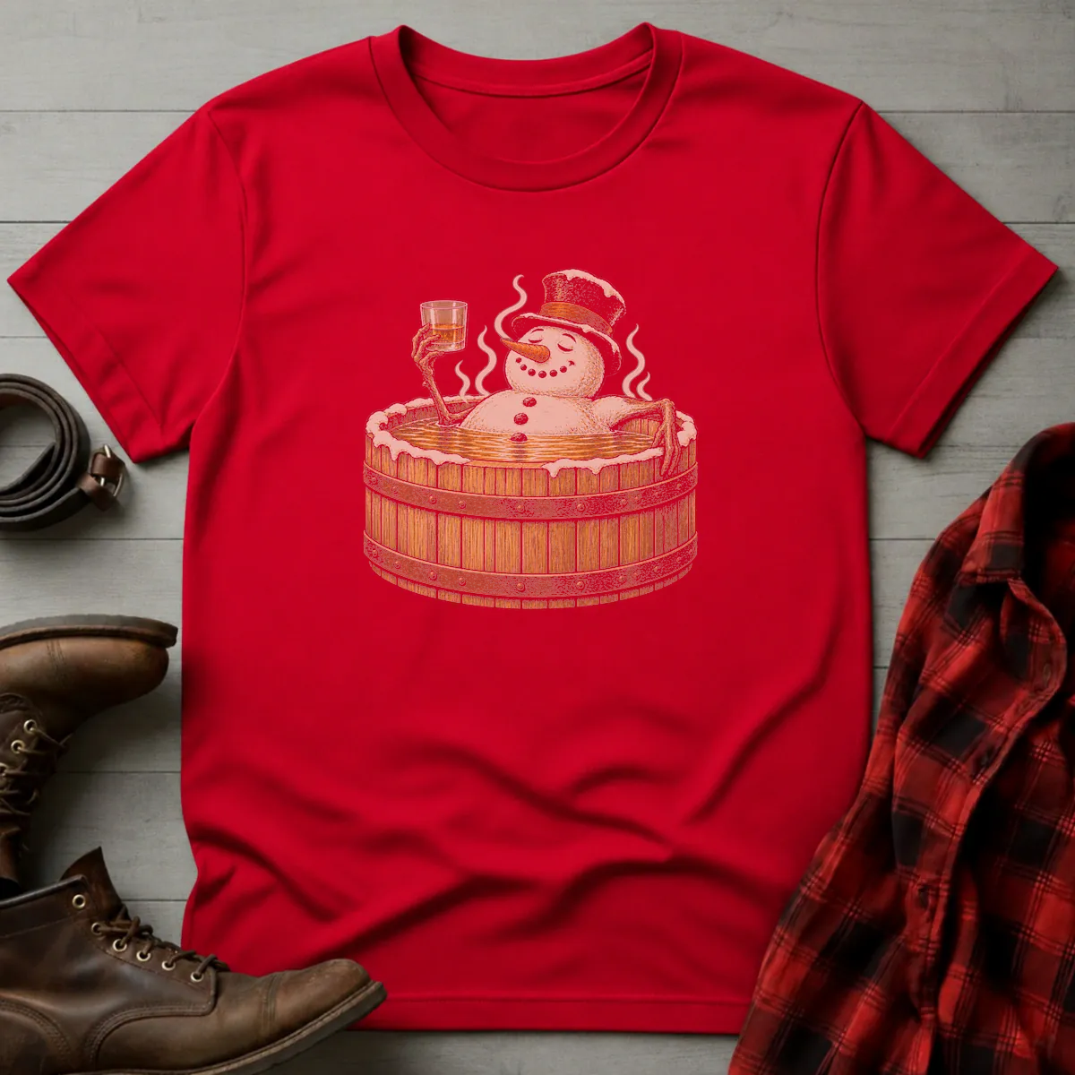 Snowman Bourbon Barrel Hot Tub T-Shirt Red / S
