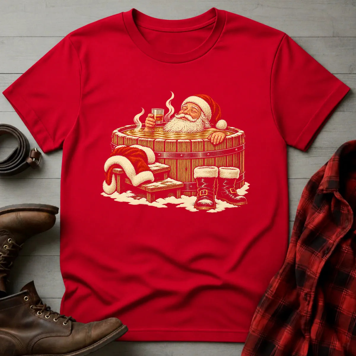 Santa Bourbon Barrel Hot Tub T-Shirt Red / S