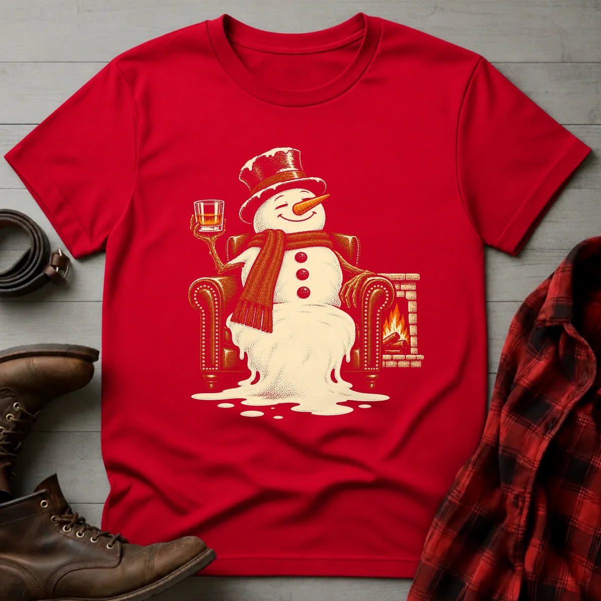 Melting Snowman Fireside Whiskey T-Shirt Red / S