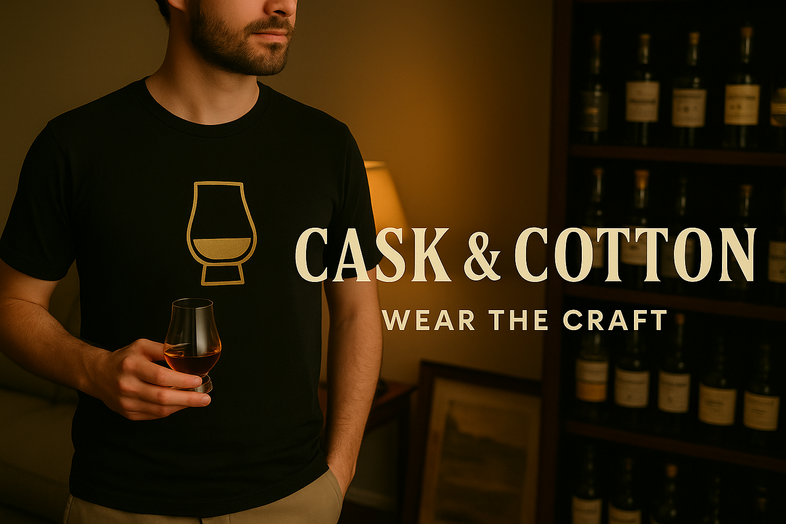 Man wearing a black t-shirt with a glass design, holding a glass of wine, standing in front of a shelf with bottles. 'Cask & Cotton' brand name displayed.