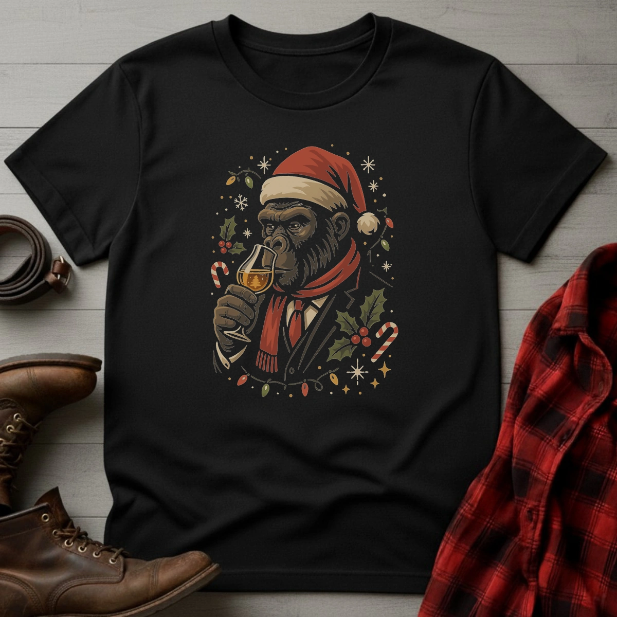 Whiskey Drinking Gorilla Santa T-Shirt