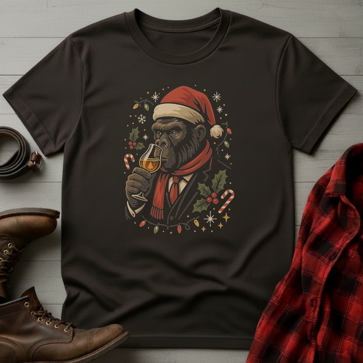 Whiskey Drinking Gorilla Santa T-Shirt