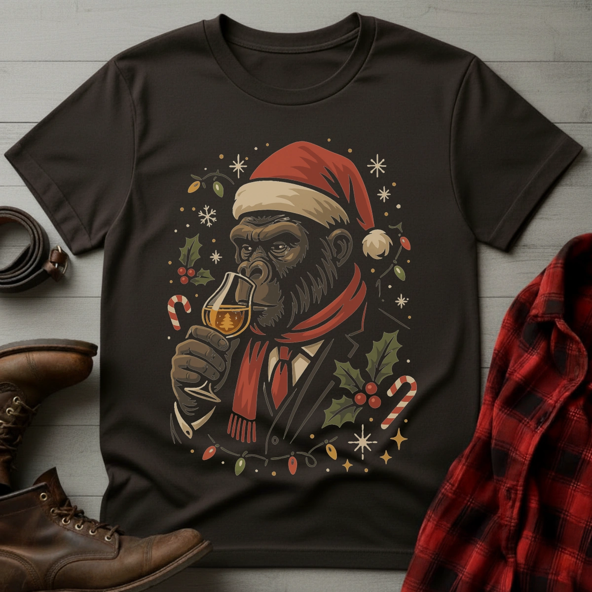 Whiskey Drinking Gorilla Santa T-Shirt