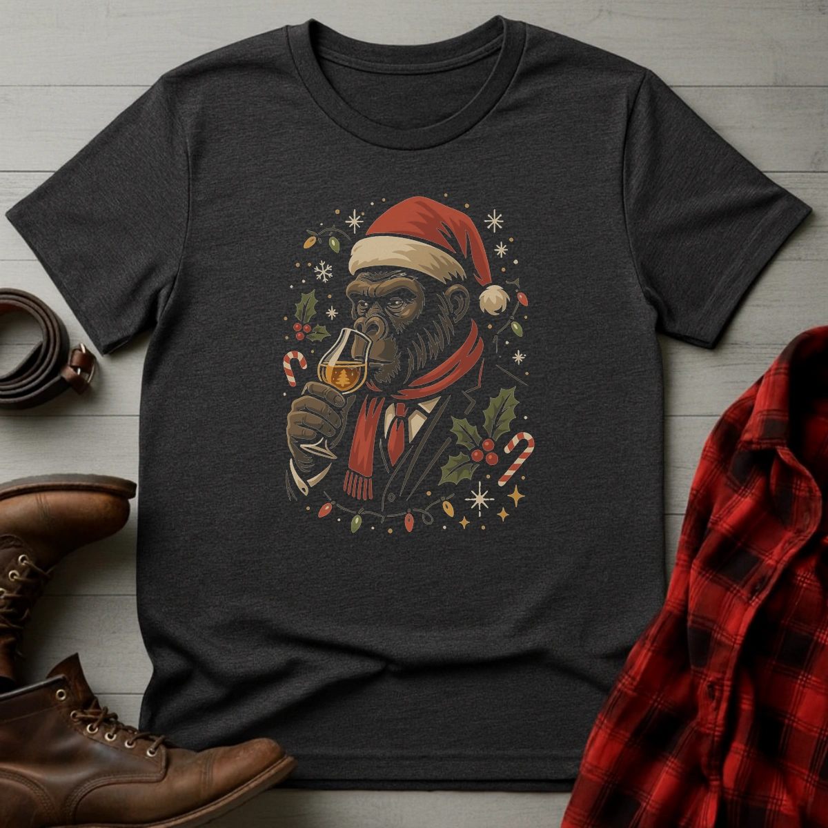 Whiskey Drinking Gorilla Santa T-Shirt