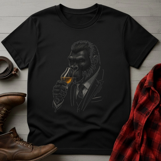 Black t-shirt with a graphic of a monkey in a suit drinking whiskey