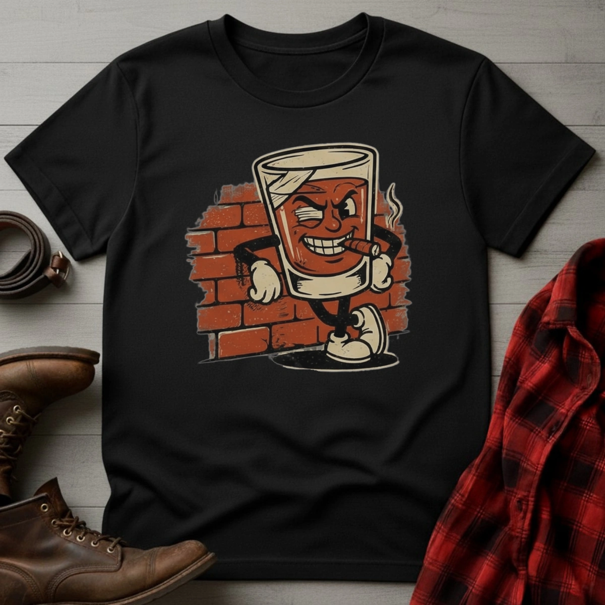 Brick Wall Whiskey Glass Mascot T-Shirt