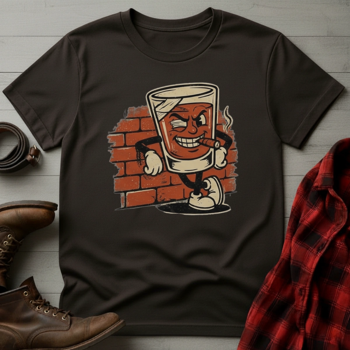 Brick Wall Whiskey Glass Mascot T-Shirt