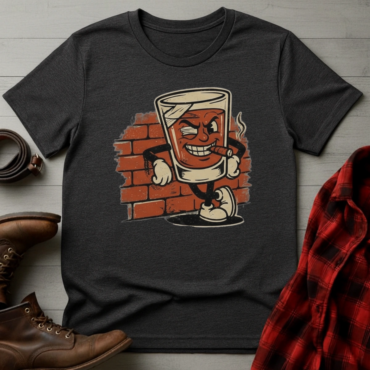 Brick Wall Whiskey Glass Mascot T-Shirt