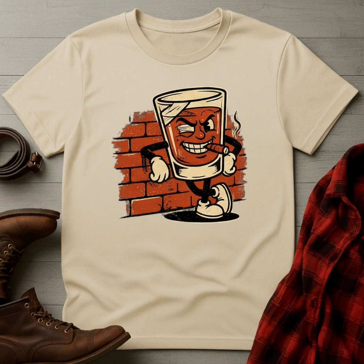 Brick Wall Whiskey Glass Mascot T-Shirt