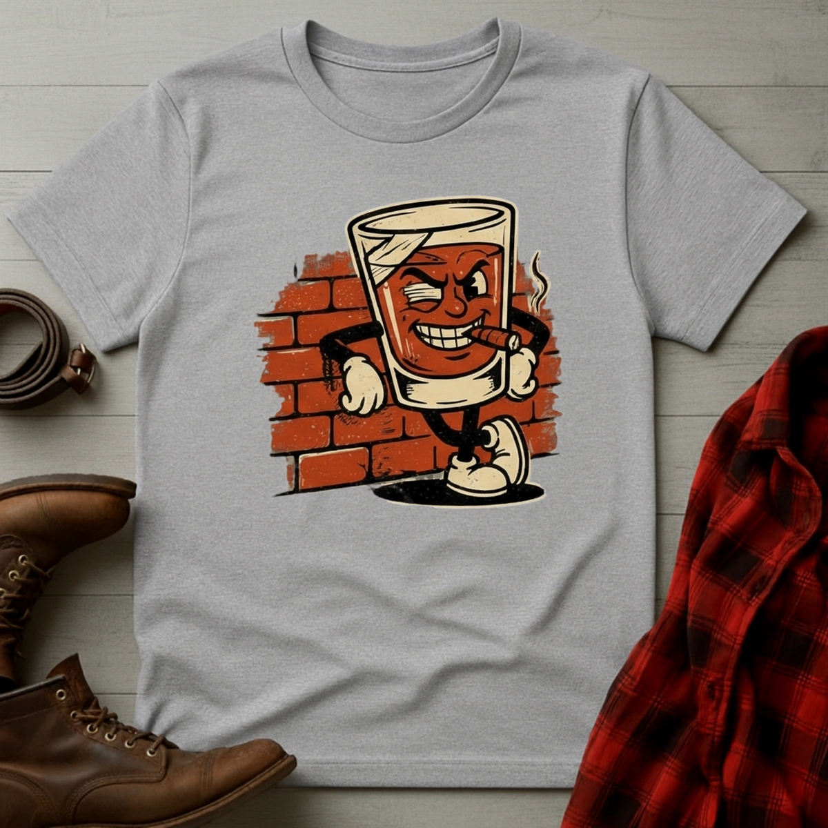 Brick Wall Whiskey Glass Mascot T-Shirt