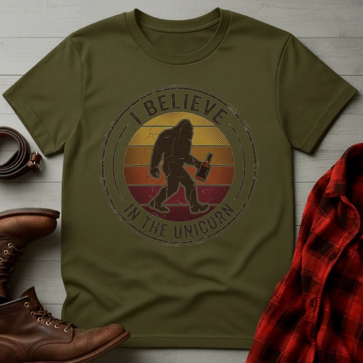 Believe in Unicorn Whiskey Bigfoot T-Shirt