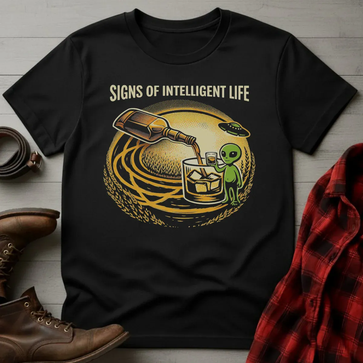 Signs of Intelligent Life Alien Whiskey T-Shirt