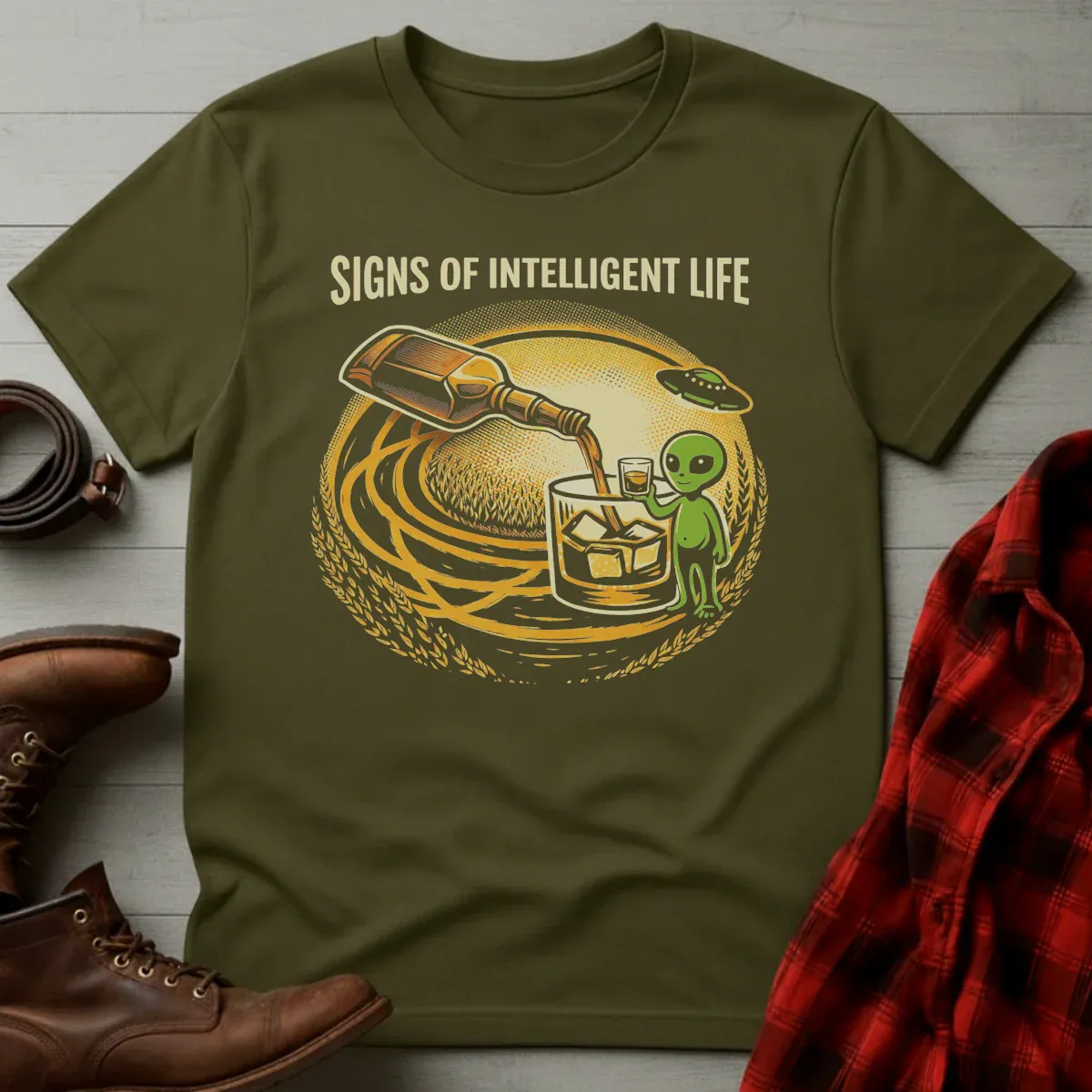 Signs of Intelligent Life Alien Whiskey T-Shirt