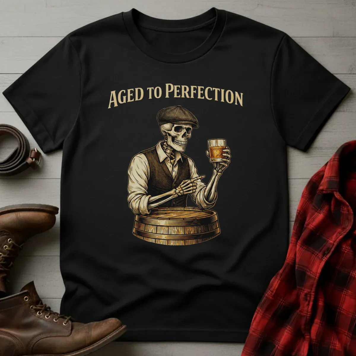Aged to Perfection Skeleton Whiskey Barrel T-Shirt