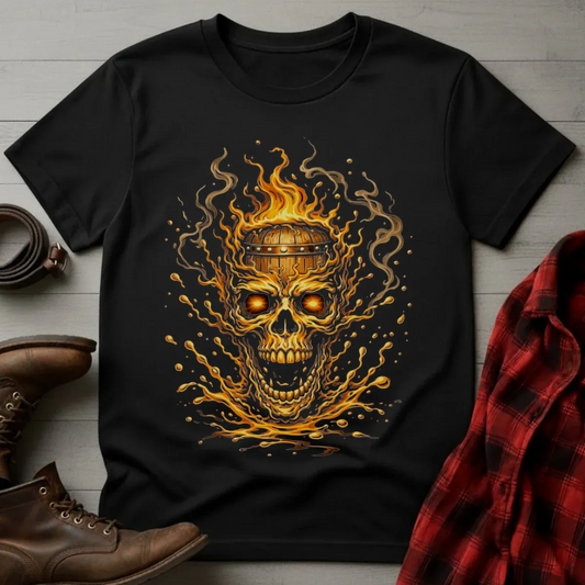 Flaming Whiskey Barrel Head Skull T-Shirt