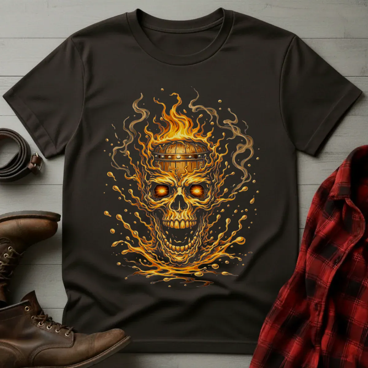 Flaming Whiskey Barrel Head Skull T-Shirt