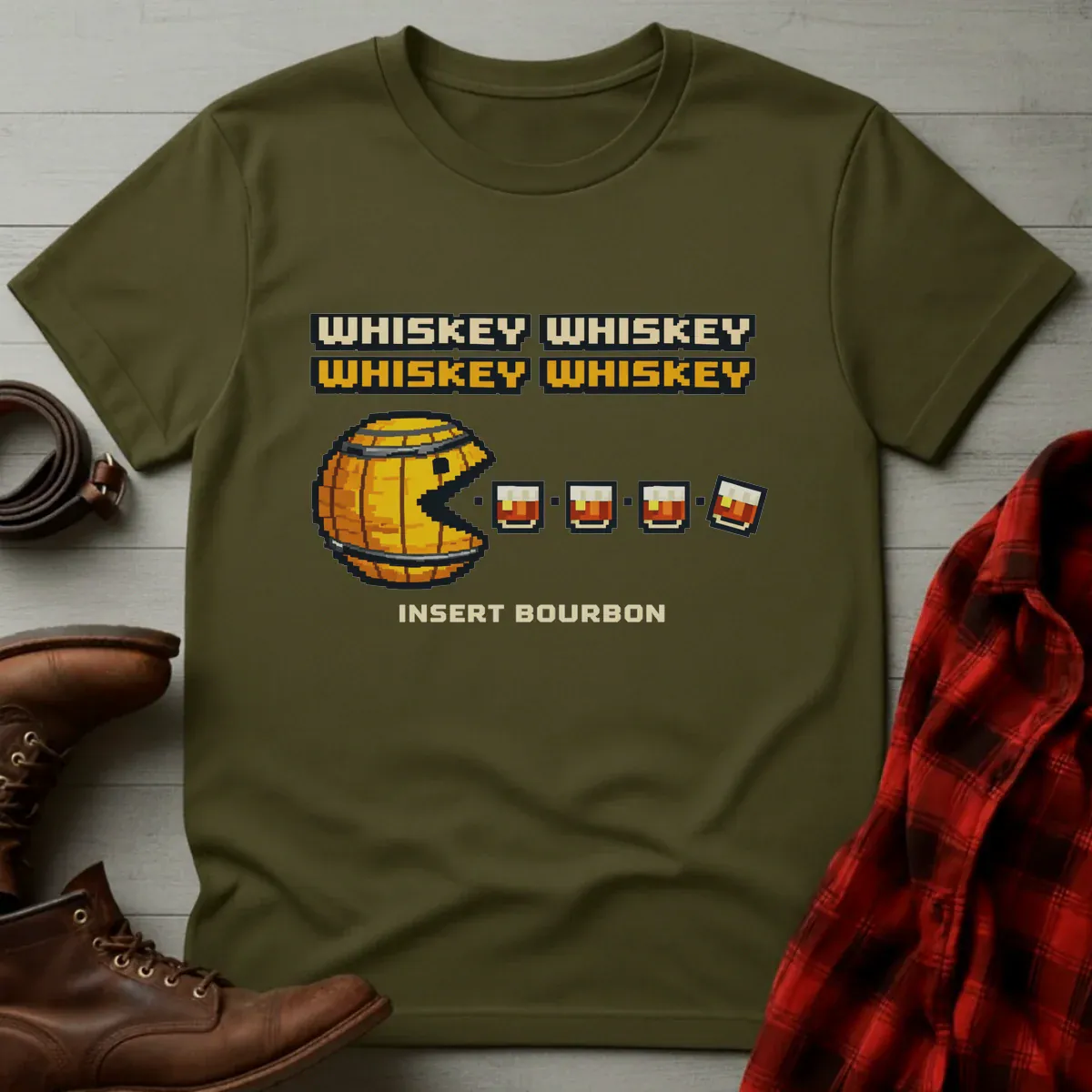 Insert Bourbon Arcade Whiskey Barrel T-Shirt