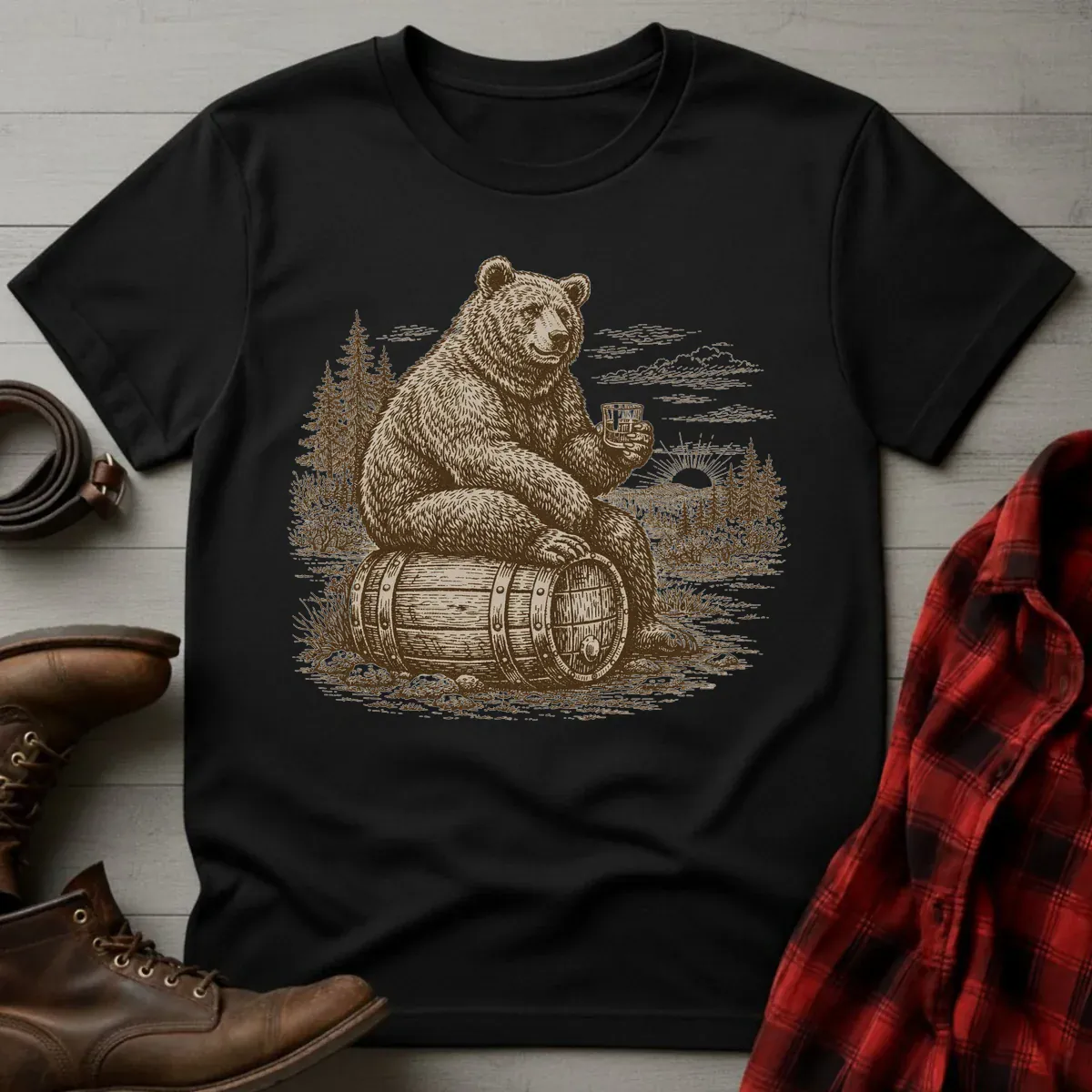 Vintage Engraved Whiskey Bear T-Shirt