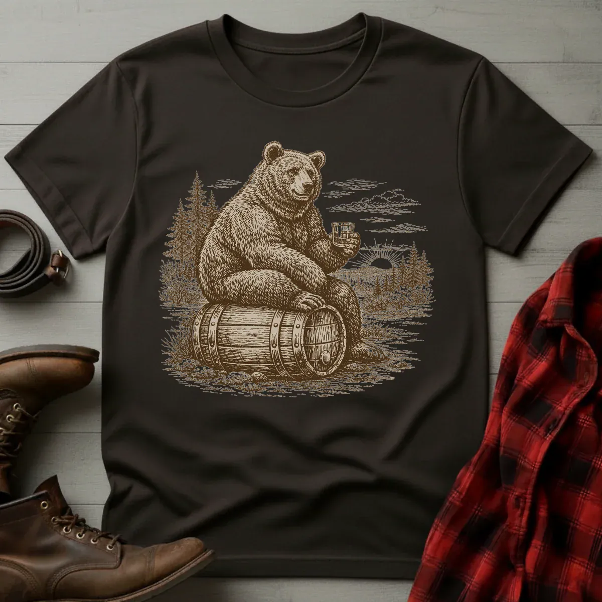 Vintage Engraved Whiskey Bear T-Shirt