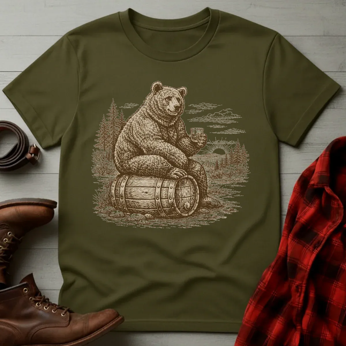 Vintage Engraved Whiskey Bear T-Shirt