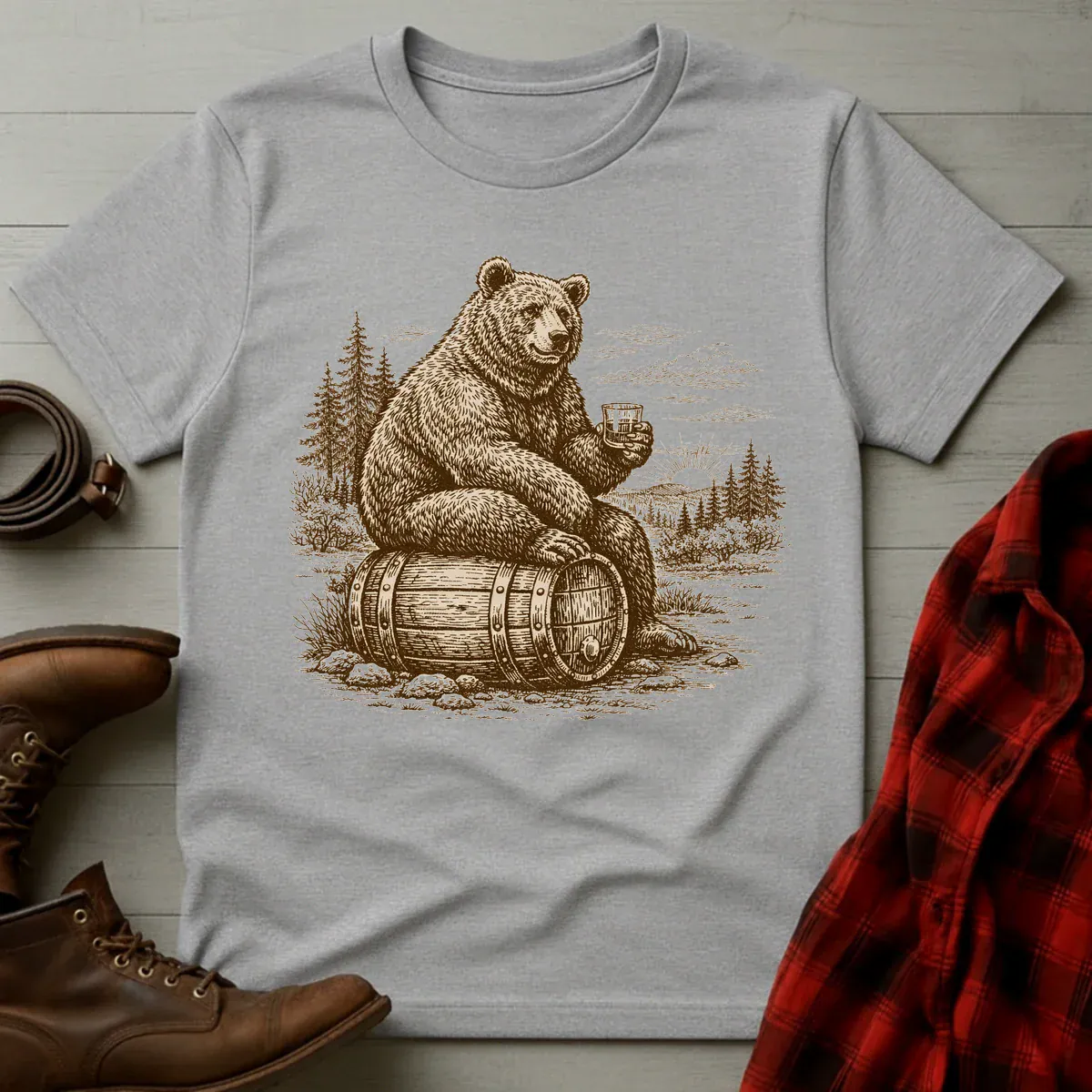 Vintage Engraved Whiskey Bear T-Shirt