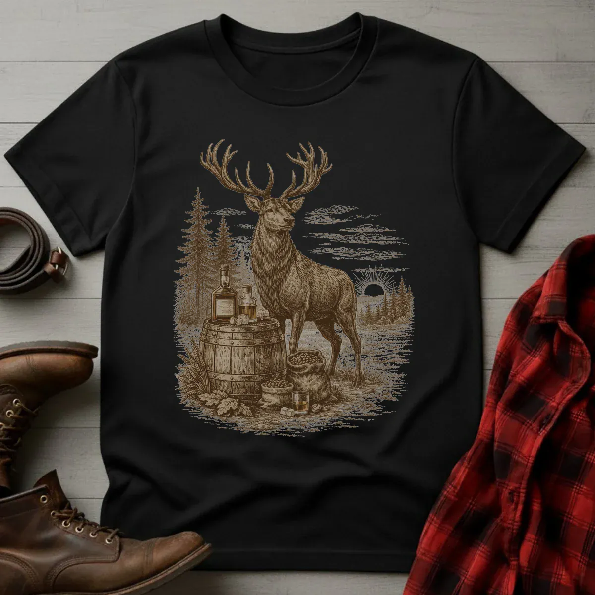 Vintage Engraved Whiskey Stag T-Shirt