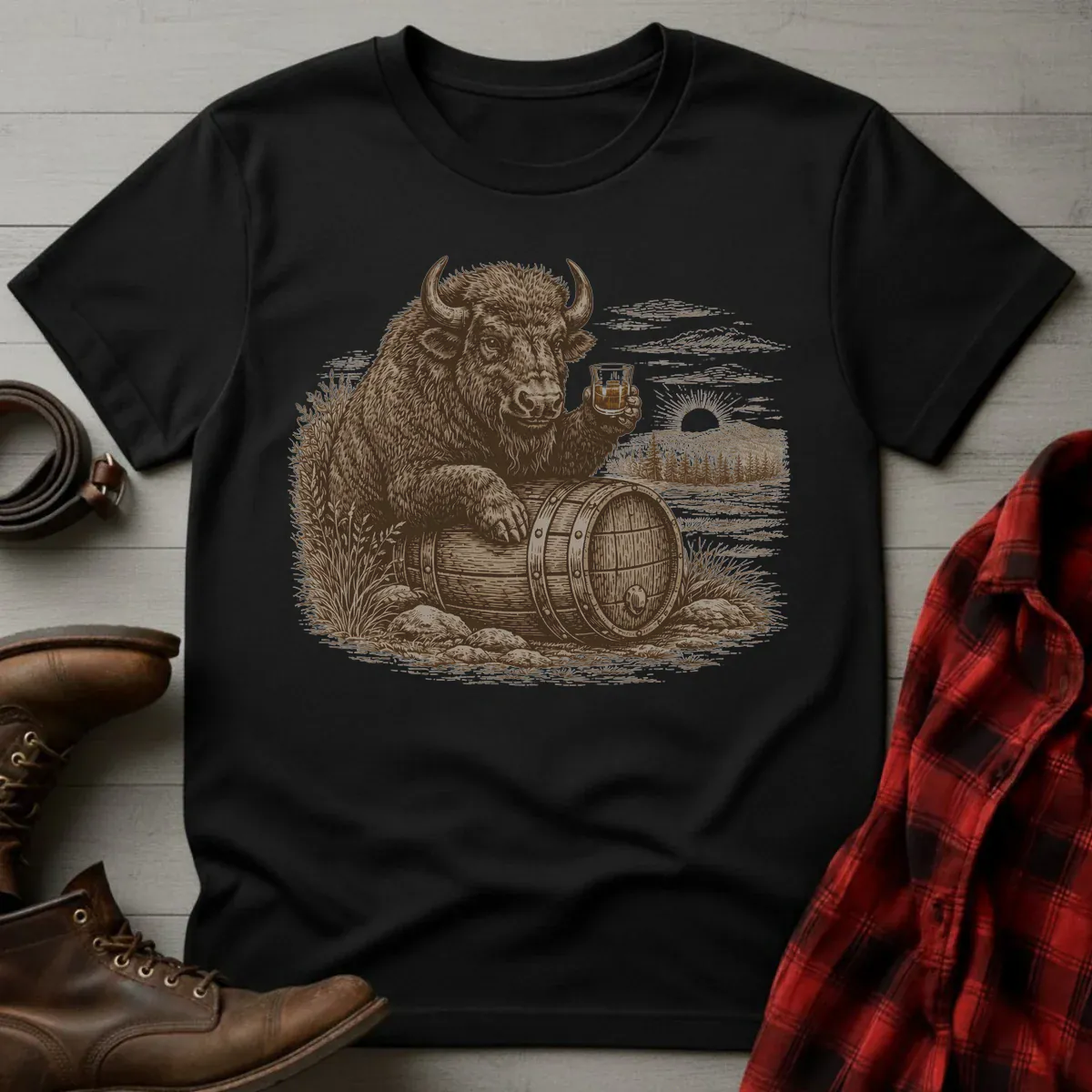 Vintage Engraved Whiskey Buffalo Bison T-Shirt