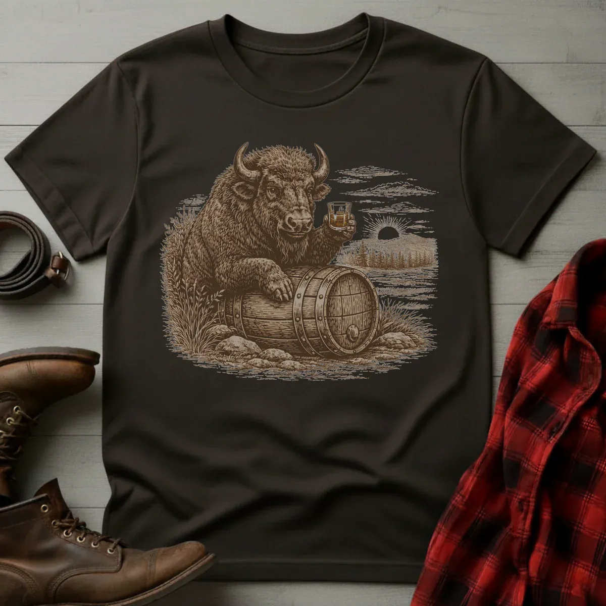 Vintage Engraved Whiskey Buffalo Bison T-Shirt