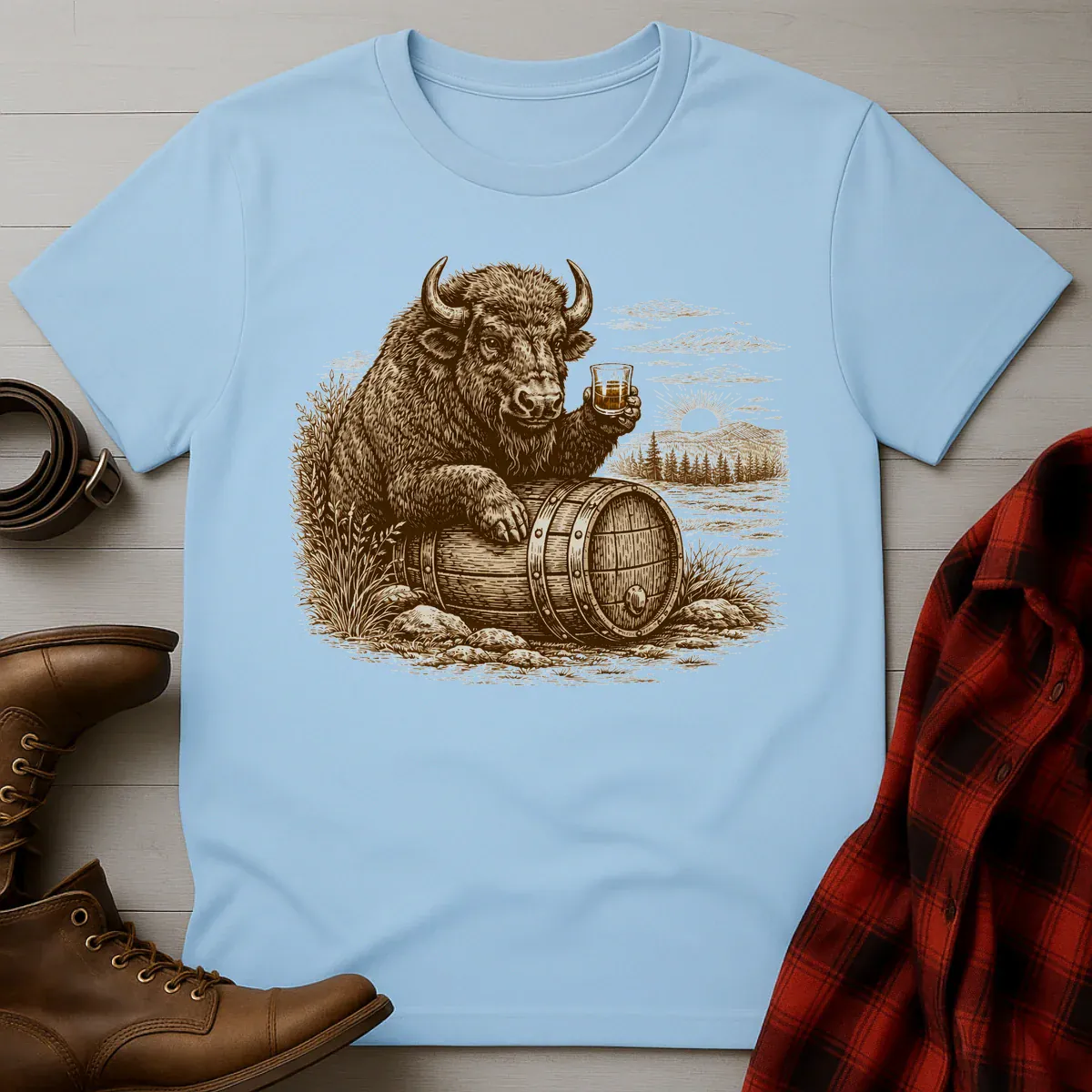 Vintage Engraved Whiskey Buffalo Bison T-Shirt