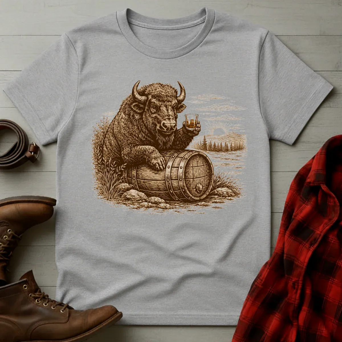 Vintage Engraved Whiskey Buffalo Bison T-Shirt