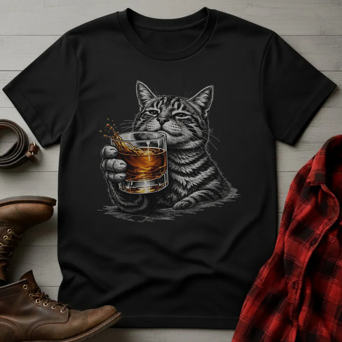 Whiskey Cat Rocks Glass T-Shirt