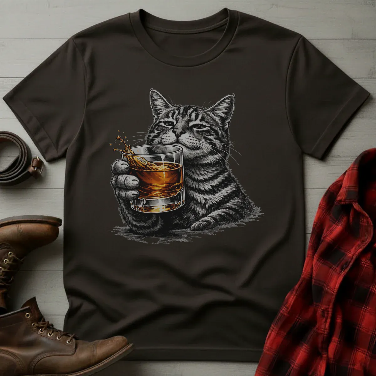Whiskey Cat Rocks Glass T-Shirt