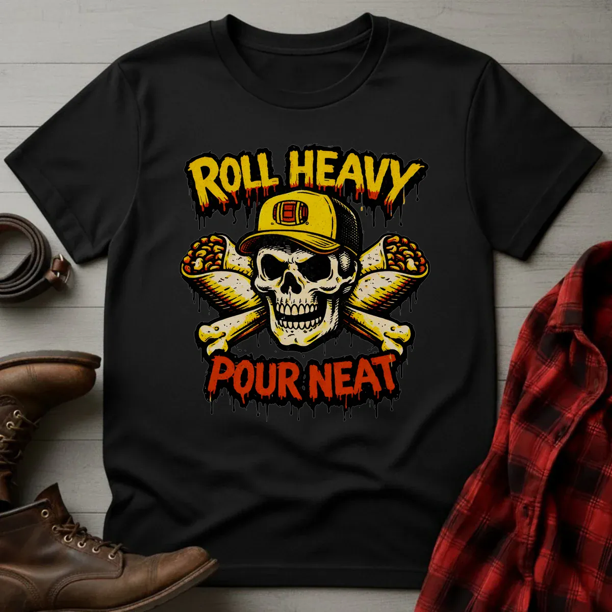 Roll Heavy Pour Neat Whiskey & Burritos T-Shirt