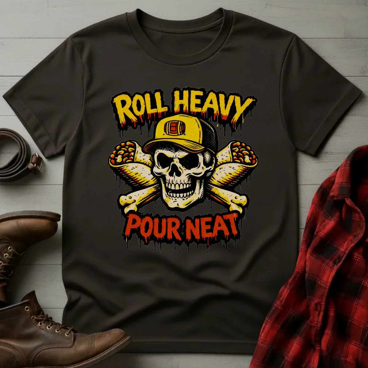 Roll Heavy Pour Neat Whiskey & Burritos T-Shirt