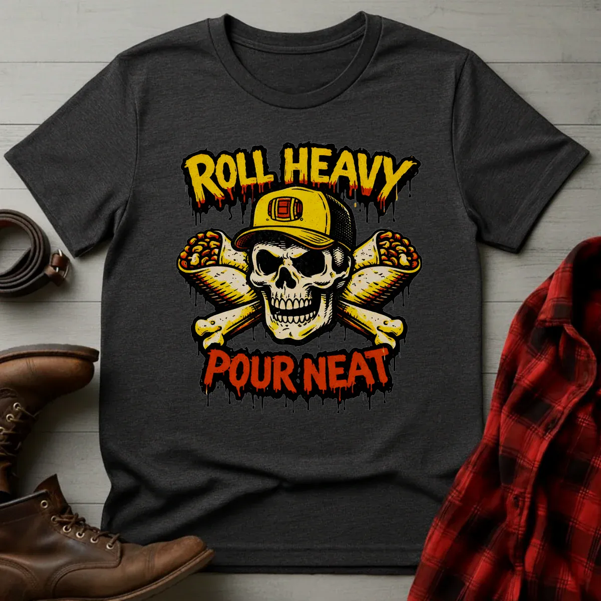Roll Heavy Pour Neat Whiskey & Burritos T-Shirt