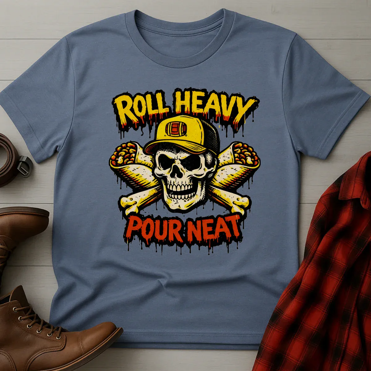 Roll Heavy Pour Neat Whiskey & Burritos T-Shirt