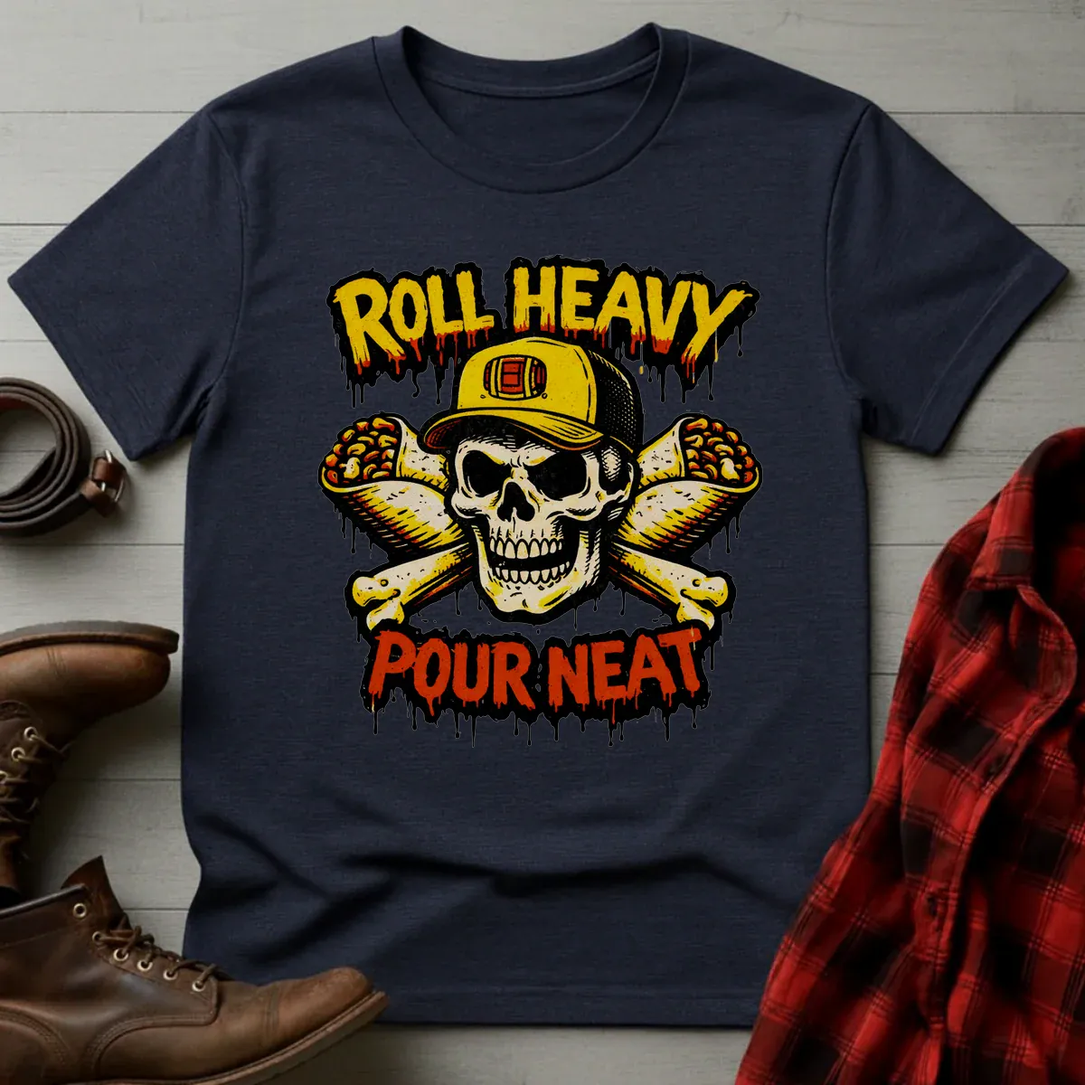 Roll Heavy Pour Neat Whiskey & Burritos T-Shirt