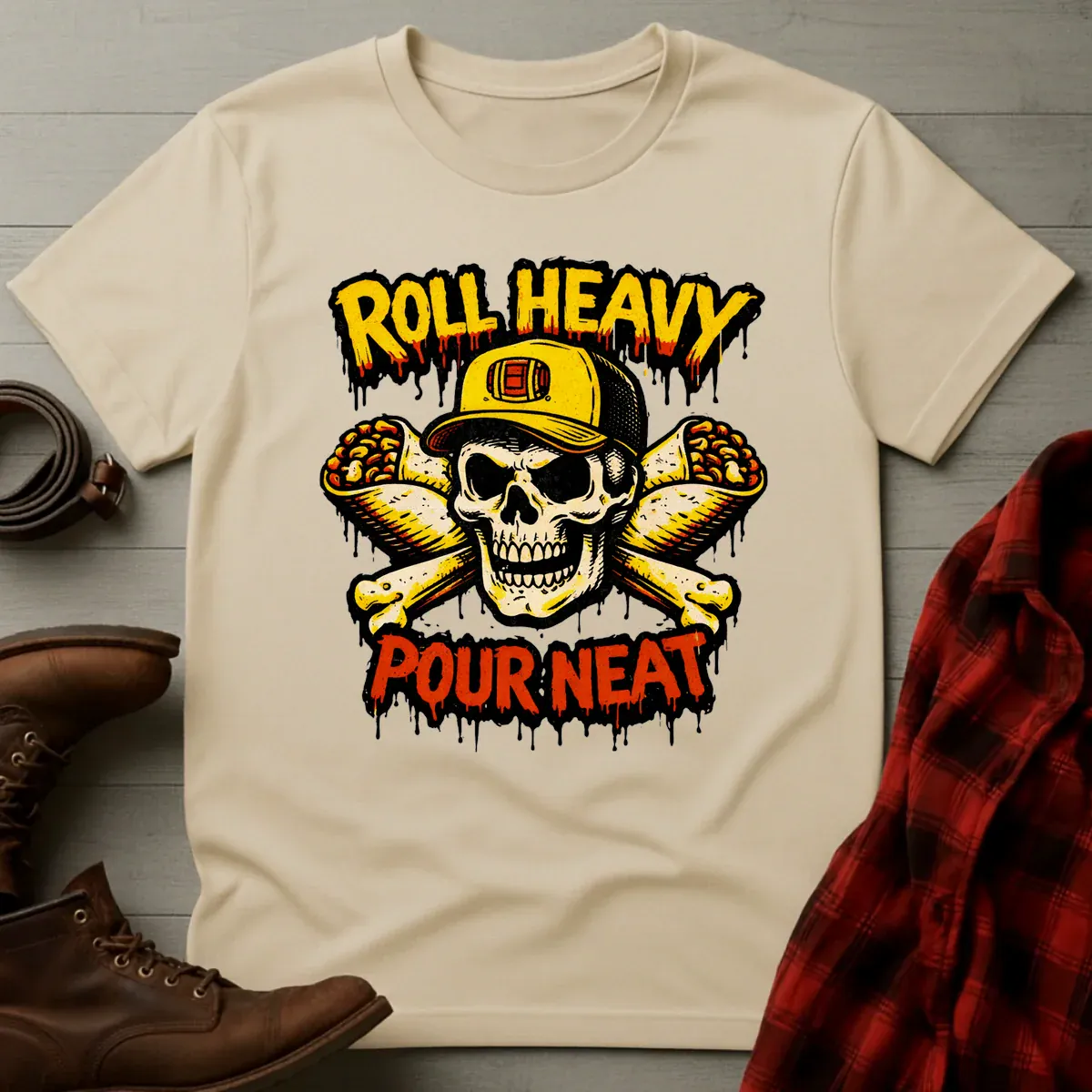 Roll Heavy Pour Neat Whiskey & Burritos T-Shirt