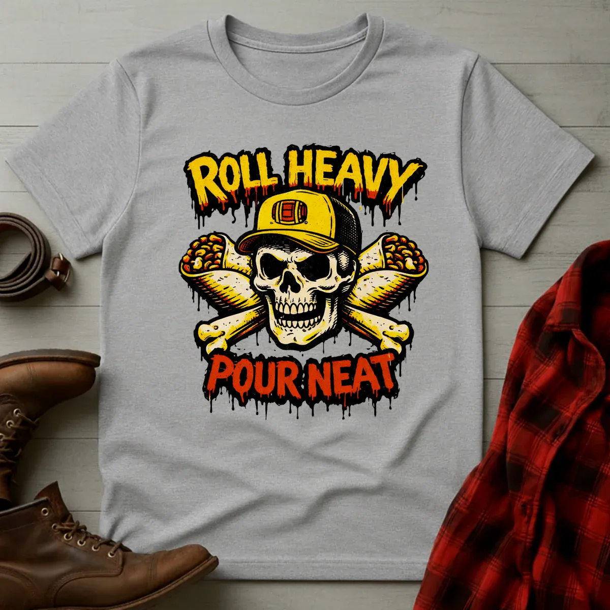 Roll Heavy Pour Neat Whiskey & Burritos T-Shirt