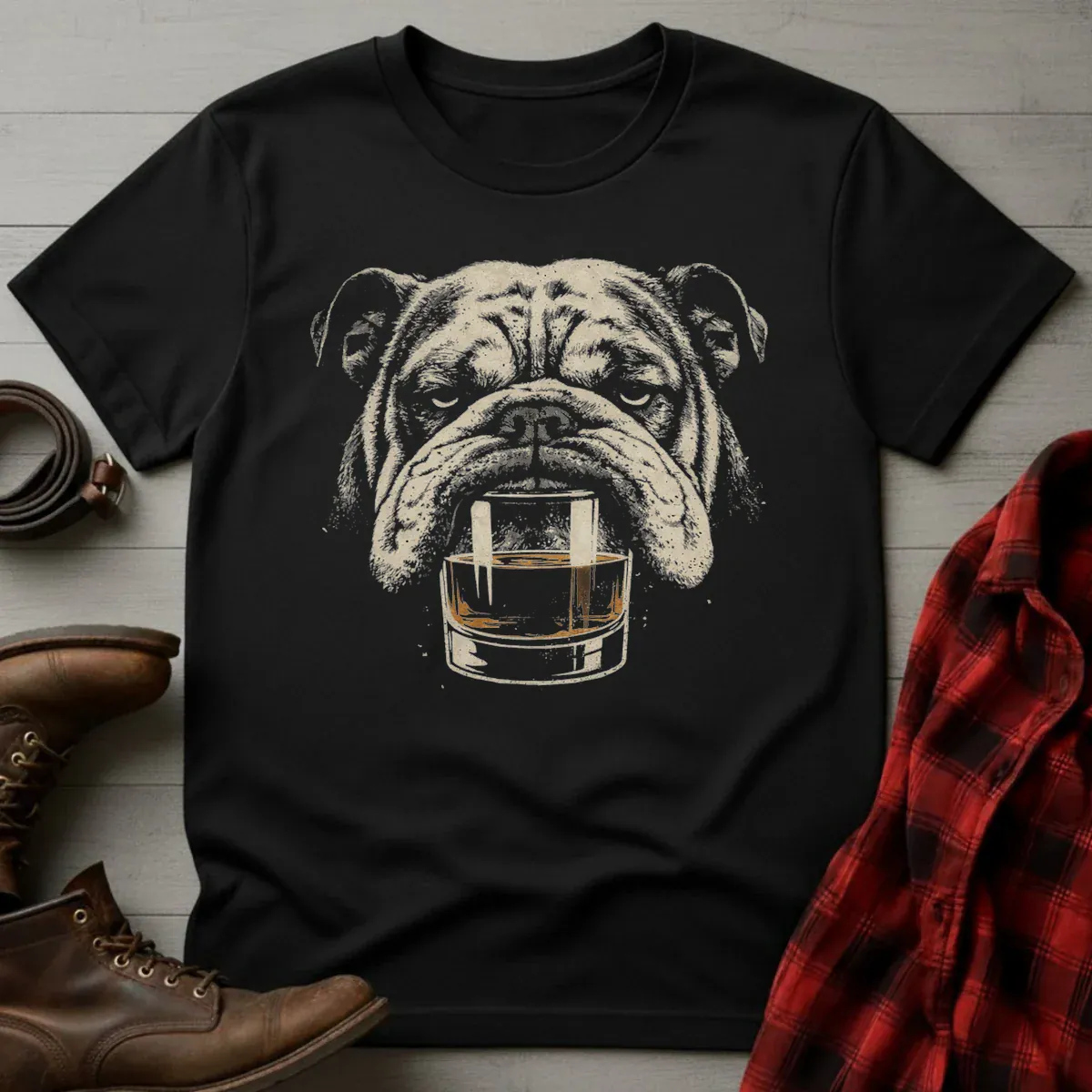 Whiskey English Bulldog on Glass Grunge T-Shirt
